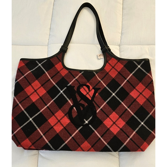 Victoria's Secret Red and Black Plaid Tote Travel Overnight Bag double strap - Picture 1 of 8